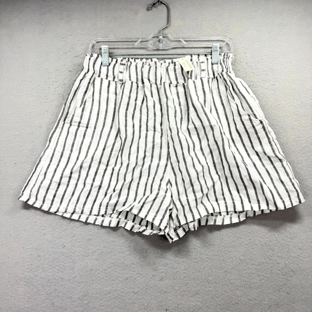I Love Linen Paperbag Waist Shorts Womens 30 White Black Striped Pleated Coastal